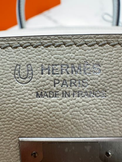 HERMES Birkin 30 SO 珍珠灰拼奶昔白山羊皮 拉絲銀扣 Chevre Mysore Gris Pearl x Craie