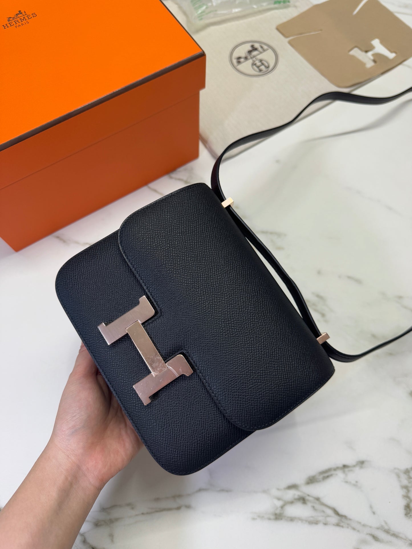 HERMES Mini Constance 黑色 玫瑰金扣 Epsom