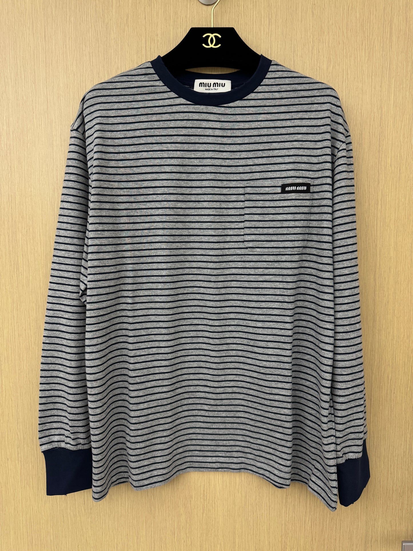 MIU MIU 做舊條紋長袖T恤