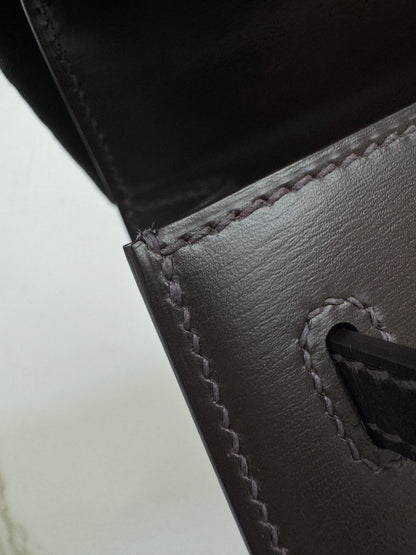 HERMES Kelly 25 烏木色Box皮金扣 外縫 Ebene Box Leather Seilier GHW