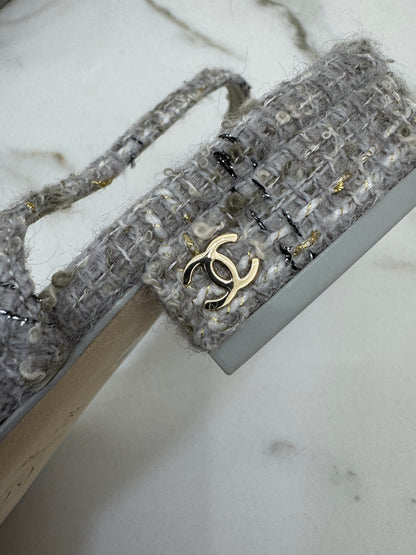 CHANEL 25B 灰白色金絲線Tweed Slingback