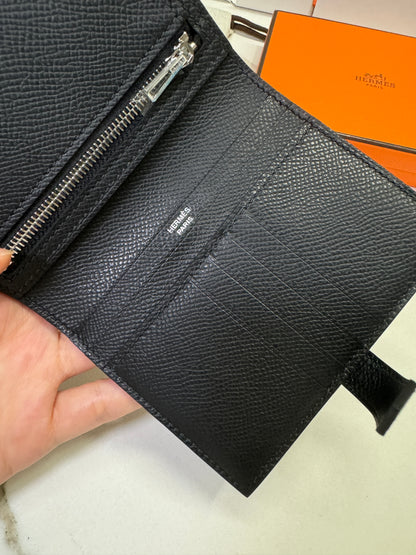 HERMES Bearn Compact Wallet 黑銀 短款 Epsom PHW