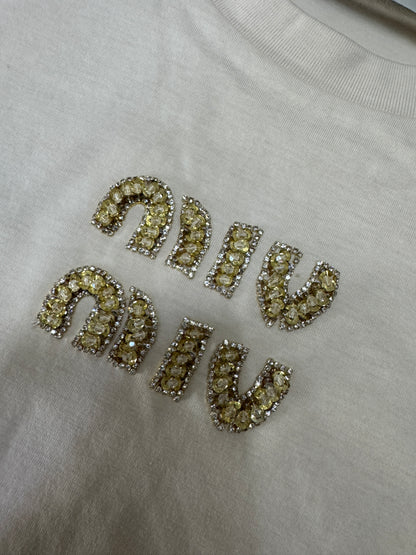 MIU MIU 水鑽Logo 米色T恤