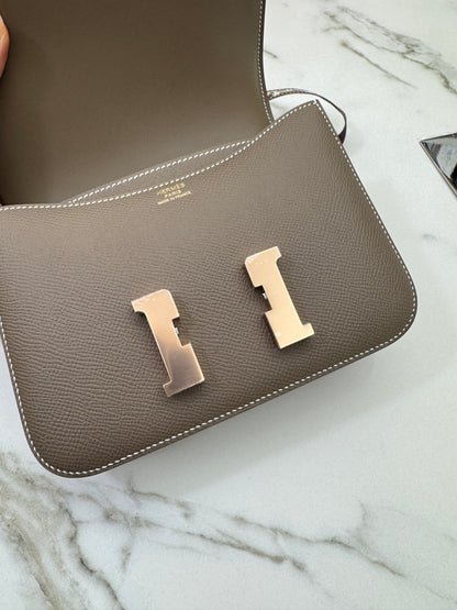 HERMES Mini Constance 大象灰 Epsom 玫瑰金扣