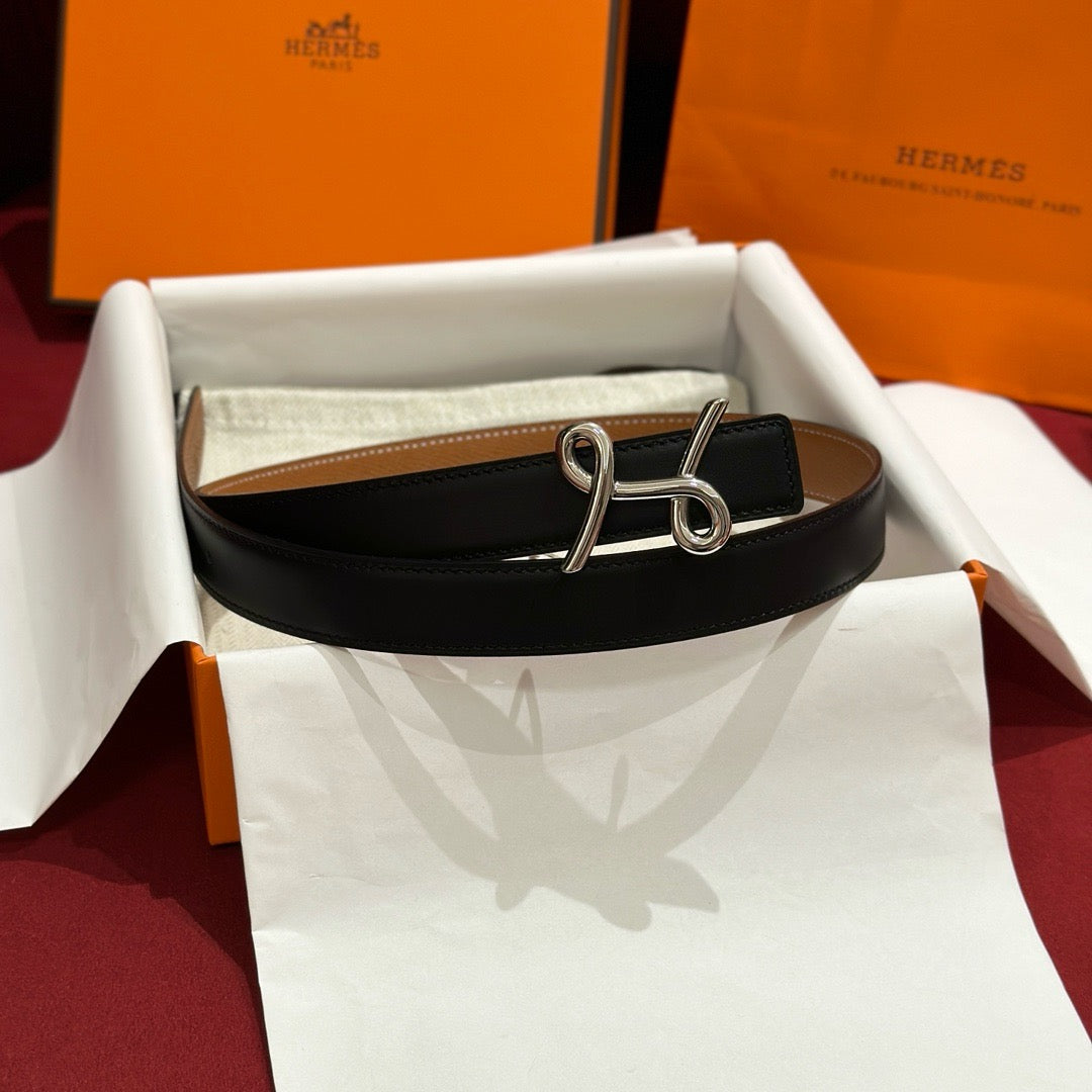 HERMES Cursives 雙面皮帶 黑/金棕色 24mm 金扣/銀扣