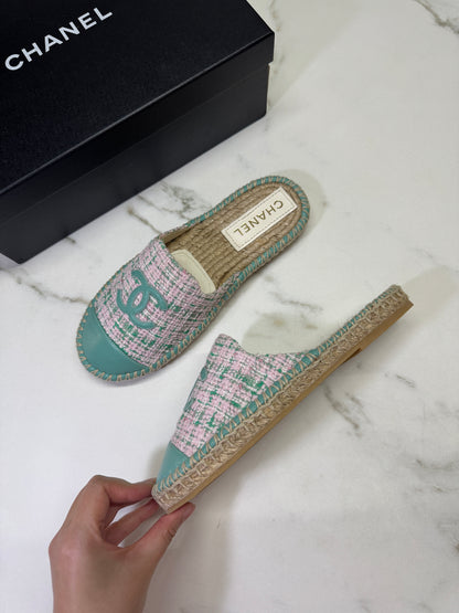 CHANEL 漁夫半拖 軟呢粉紅色拼綠色