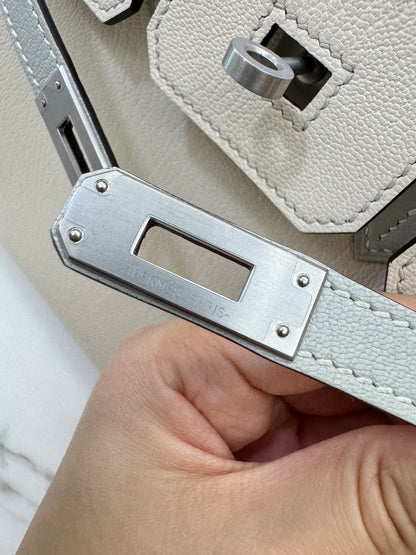 HERMES Birkin 25 SO 奶昔白拼珍珠灰 山羊皮 拉絲銀扣
