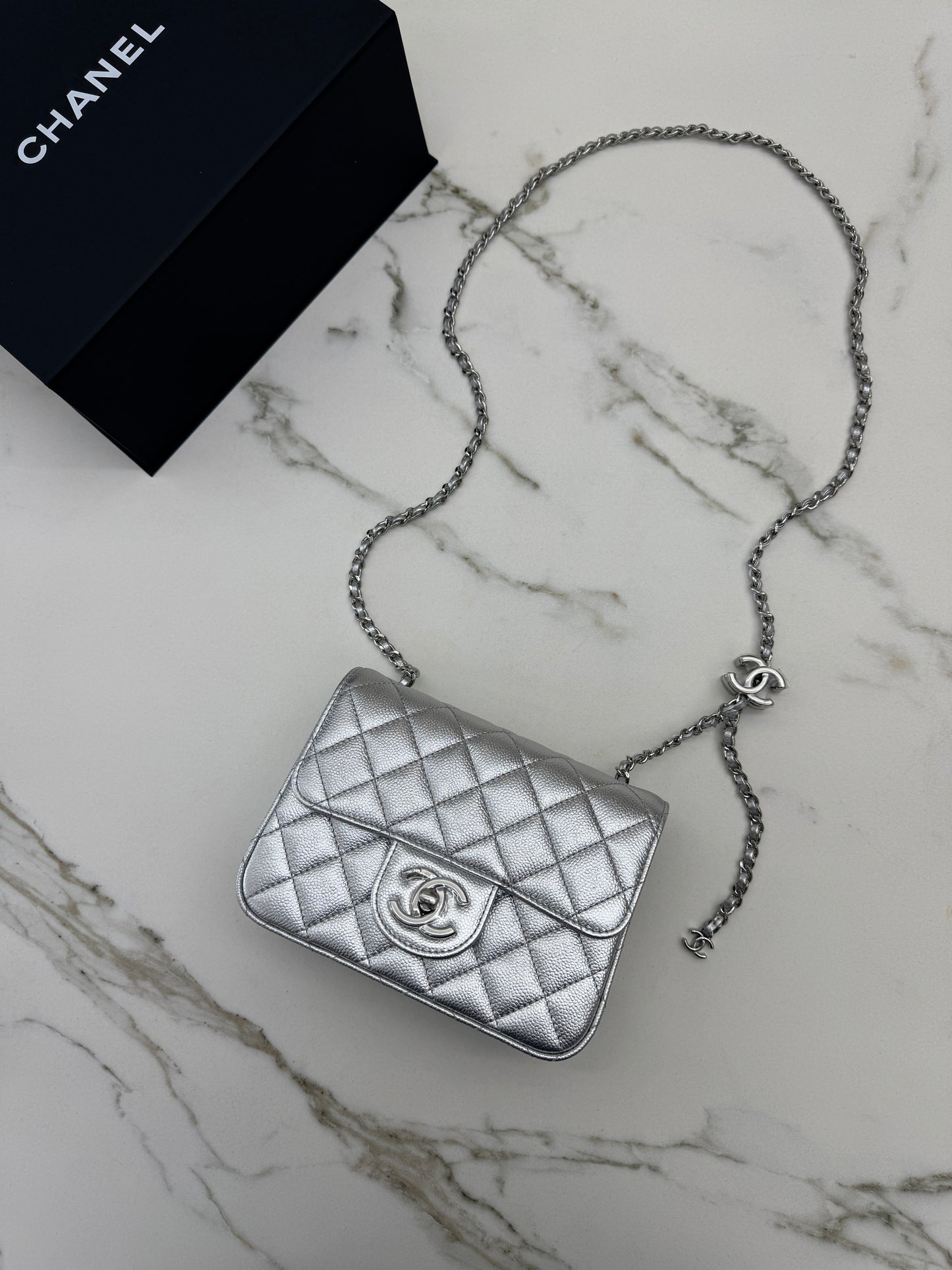 CHANEL 25B調節扣 銀色方胖子 Mini CF Square Caviar Calfskin