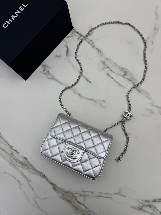 CHANEL 25B調節扣 銀色方胖子 Mini CF Square Caviar Calfskin
