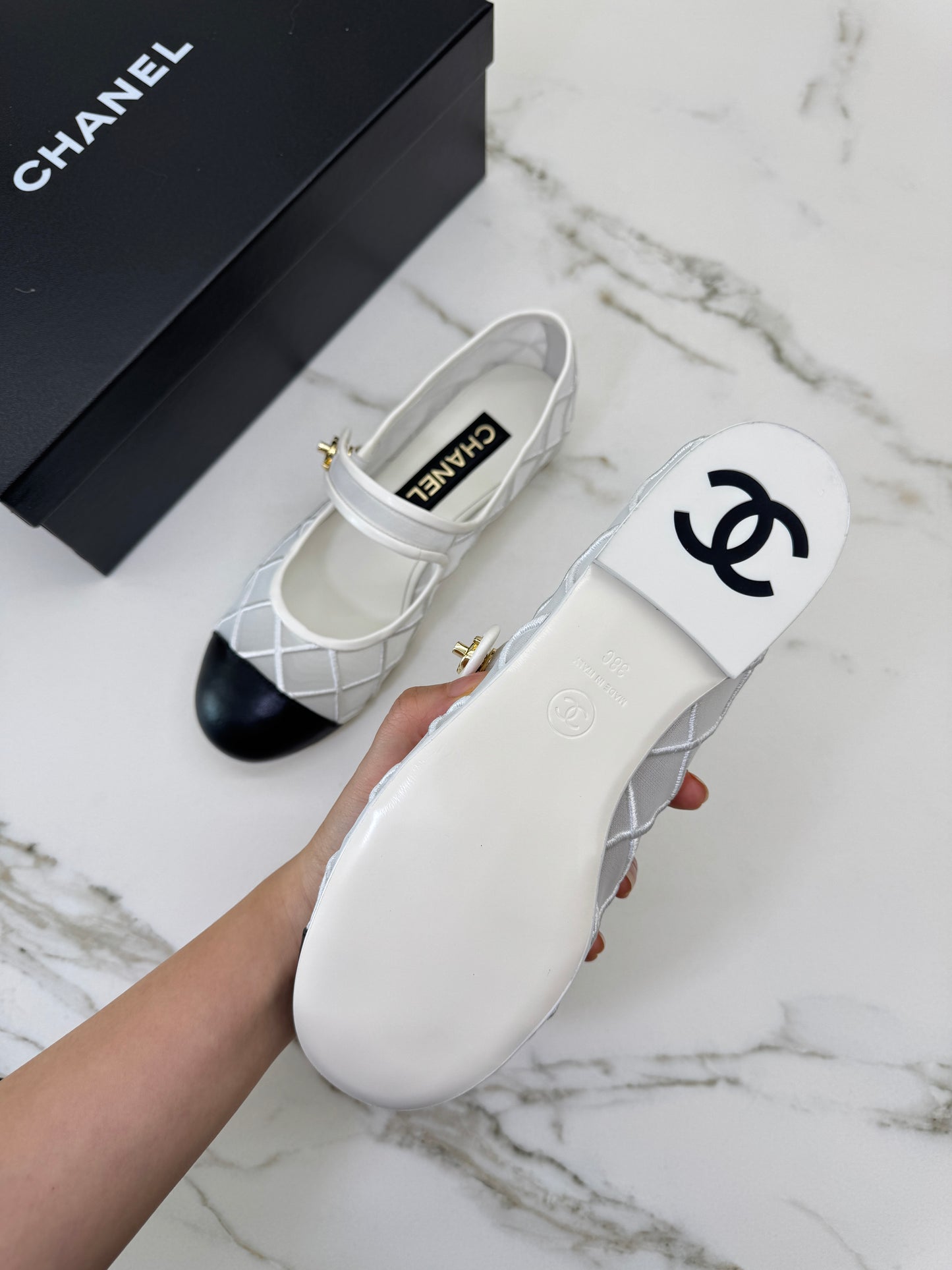 CHANEL 25M Coco Beach 白色網紗 Mary Jane