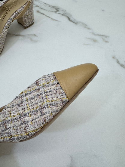 CHANEL 21P 杏色拼米黃紫Tweed Slingback