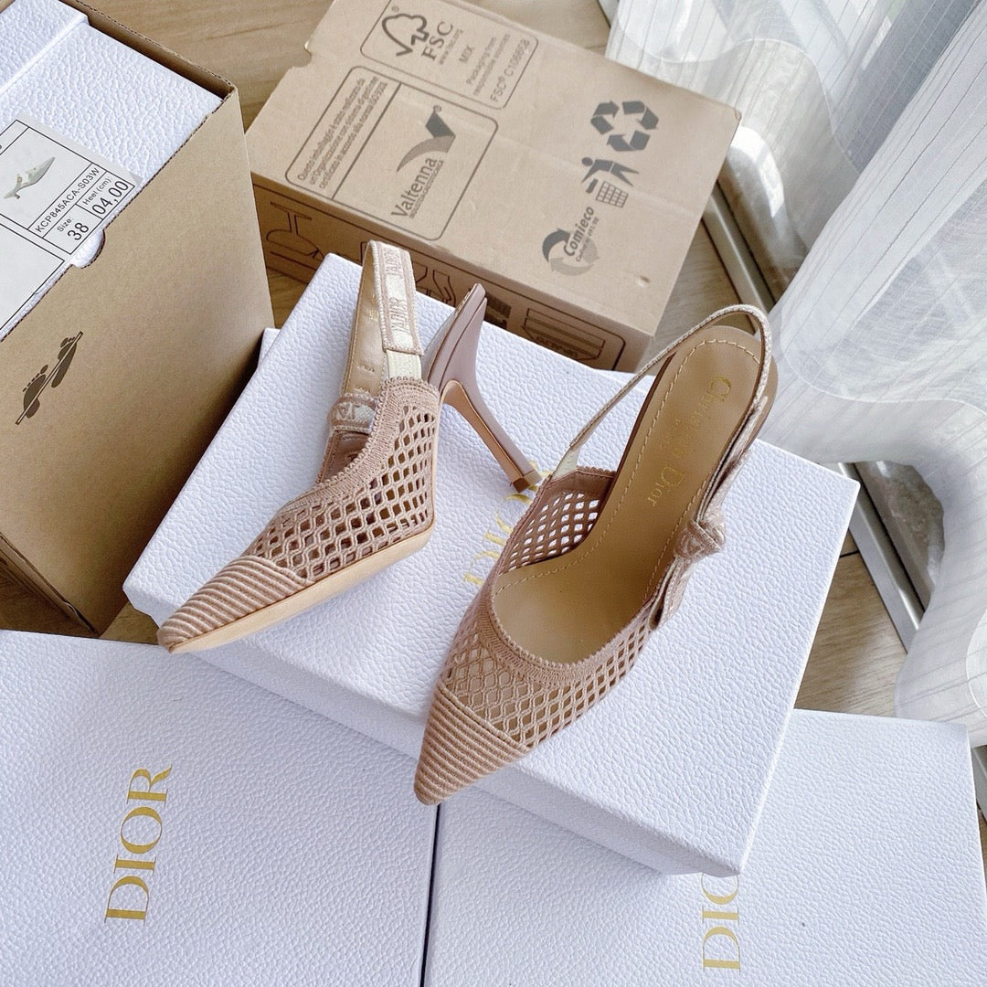 DIOR J'adior Slingback 鏤空藤格紋 奶白/裸粉/黑 平底 貓跟 高跟