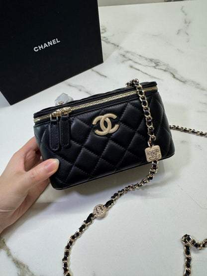 CHANEL 24K水鑽鏈條長盒 黑色羊皮