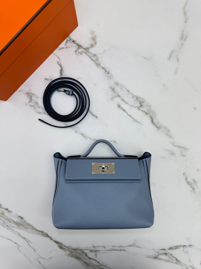 HERMES Mini 2424 亞麻藍銀扣 Evercolor Blue Lin PHW
