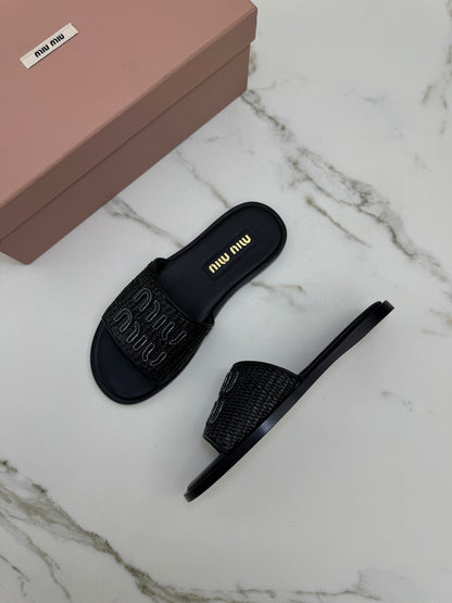 MIU MIU 草編拖鞋 黑色