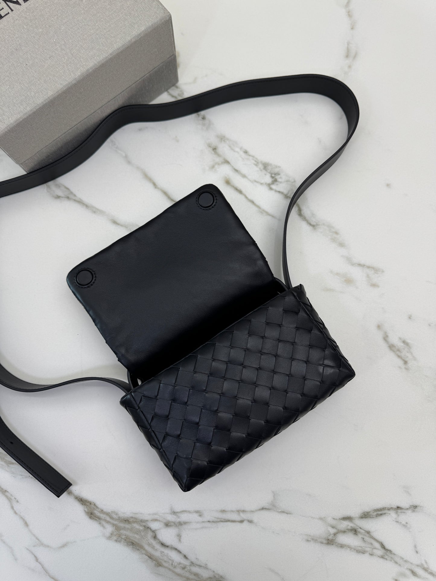 BV Intrecciato Mini Bag with Flap Black