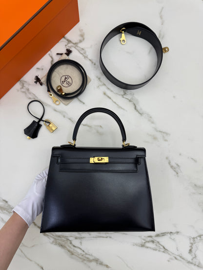 HERMES Kelly 25 黑色外縫金扣 Box Leather Sellier Noir GHW