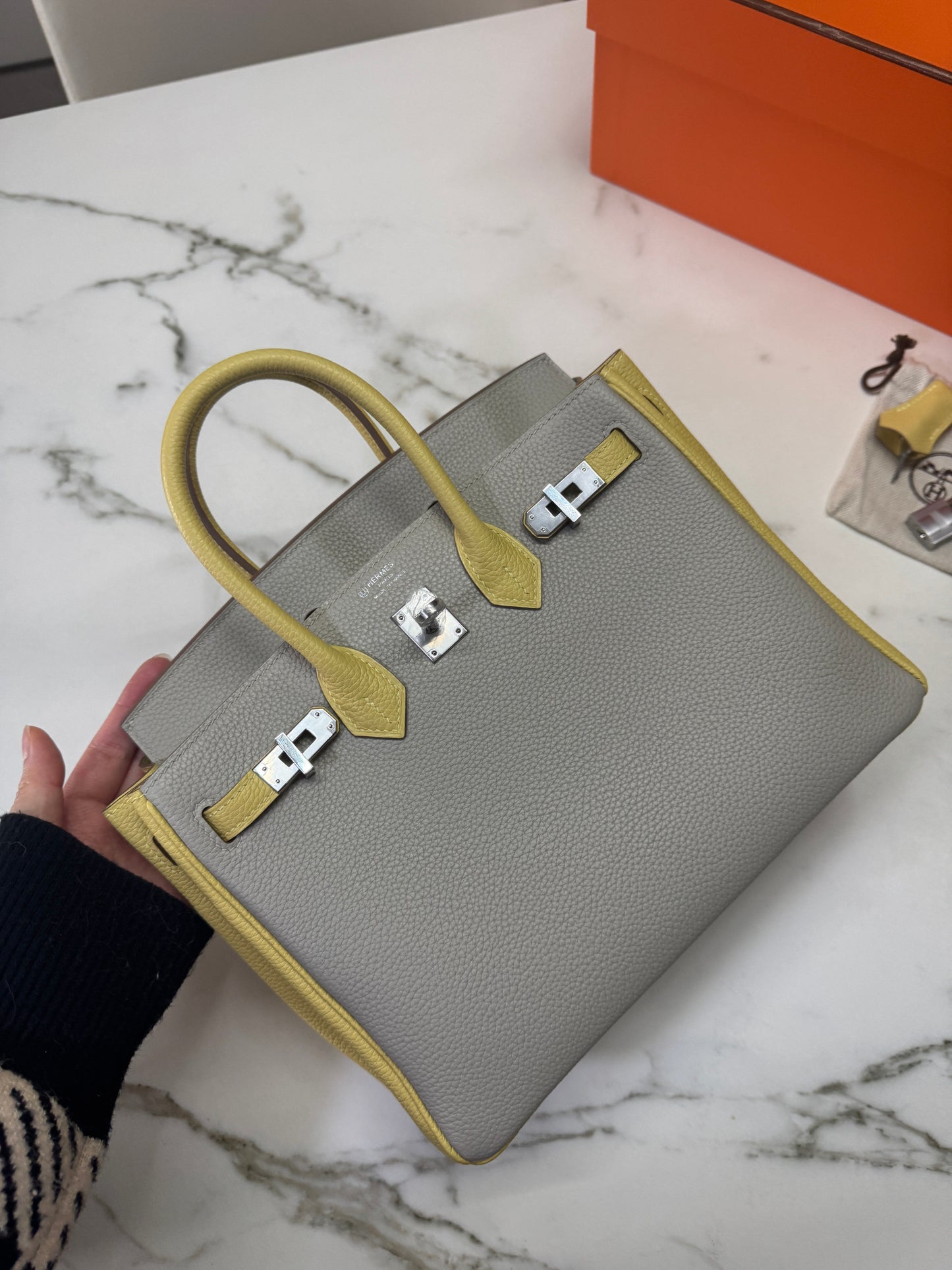 HERMES Birkin25 SO 珍珠灰拼小雞黃 Togo PHW