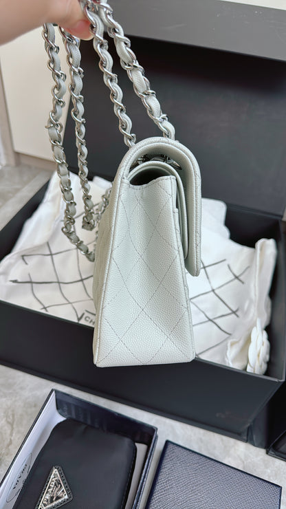 CHANEL CF23 淺灰藍色 魚子醬牛皮 銀扣
