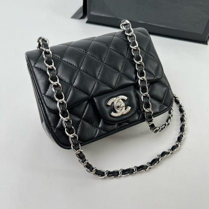 CHANEL CF17 方胖子 黑銀 羊皮 mini square