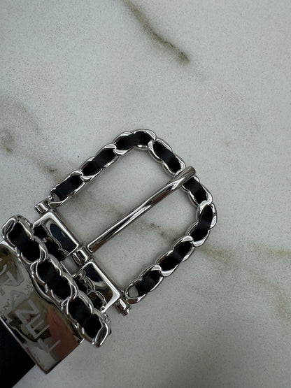 CHANEL Belt 雙面皮帶銀扣 酒紅拼黑