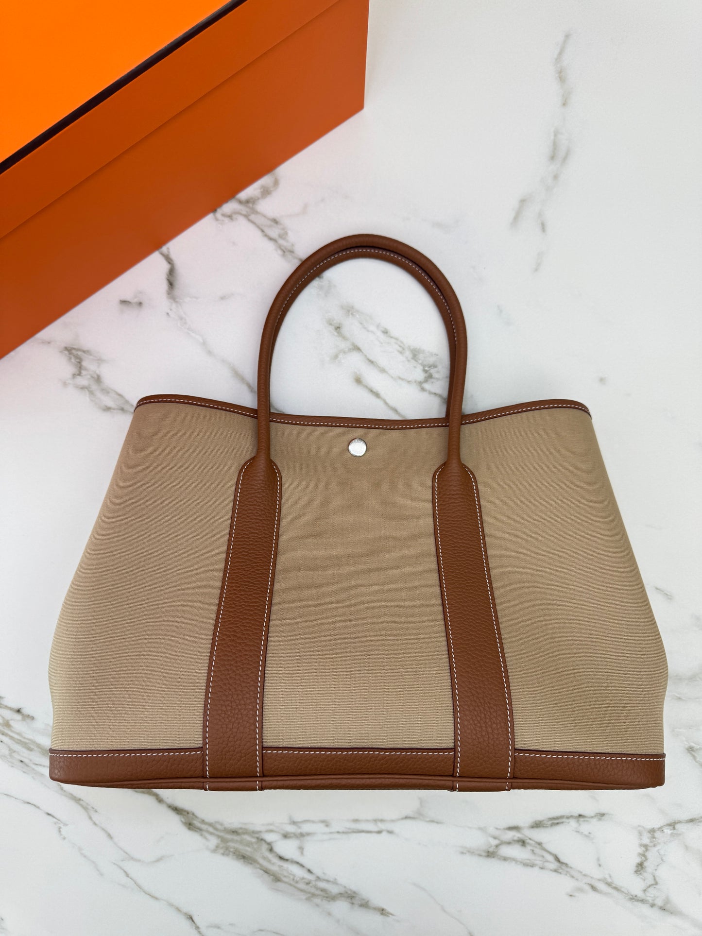 HERMES Garden Party 36 金棕拼風衣灰帆布 Negonda/ Canvas