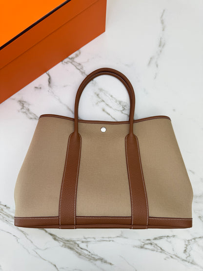 HERMES Garden Party 36 金棕拼風衣灰帆布 Negonda/ Canvas