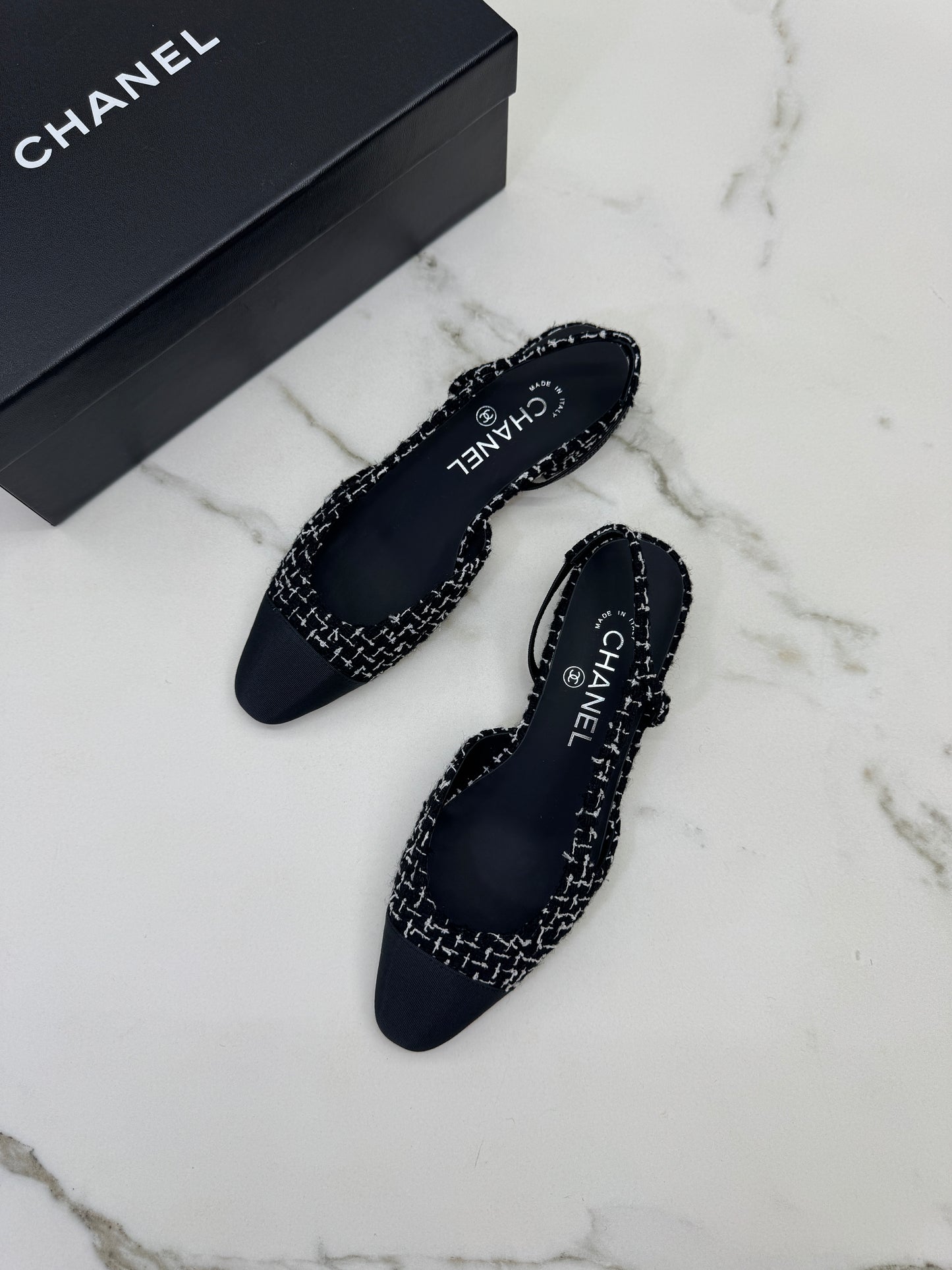 CHANEL Slingback Tweed 黑白粗花呢