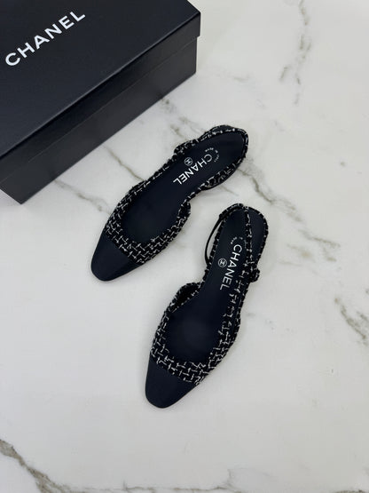 CHANEL Slingback Tweed 黑白粗花呢
