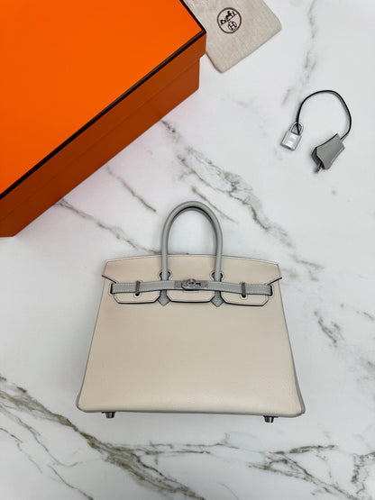 HERMES Birkin 25 SO 奶昔白拼珍珠灰 山羊皮 拉絲銀扣