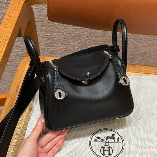 HERMES Mini Lindy Touch 拼鱷魚皮 黑色銀扣 noir