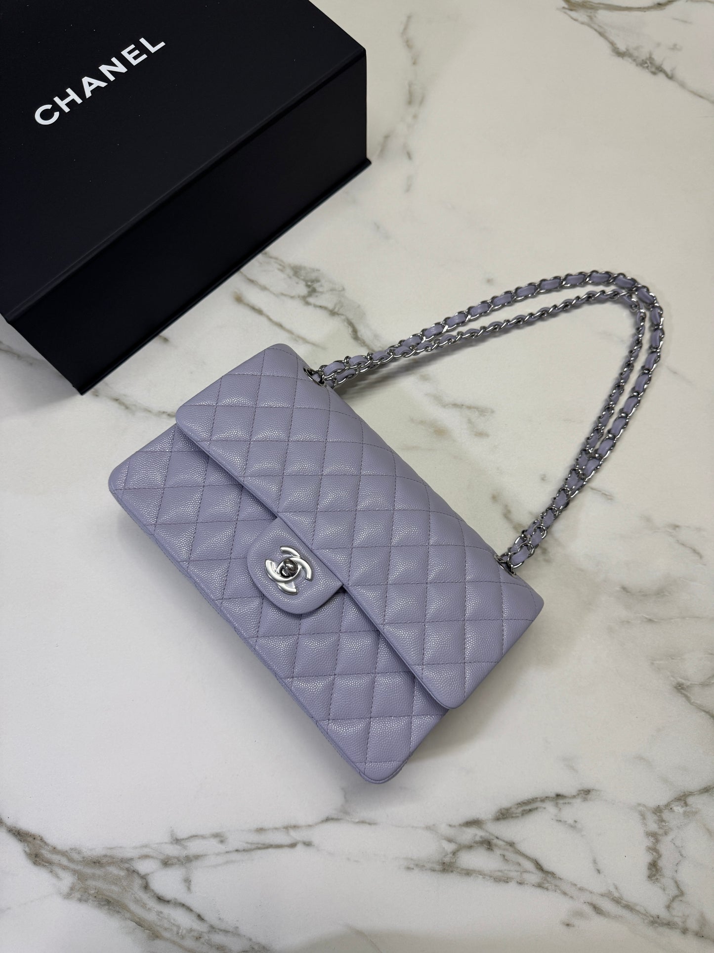 CHANEL CF25 Medium 21K香芋紫銀扣 牛皮 caviar