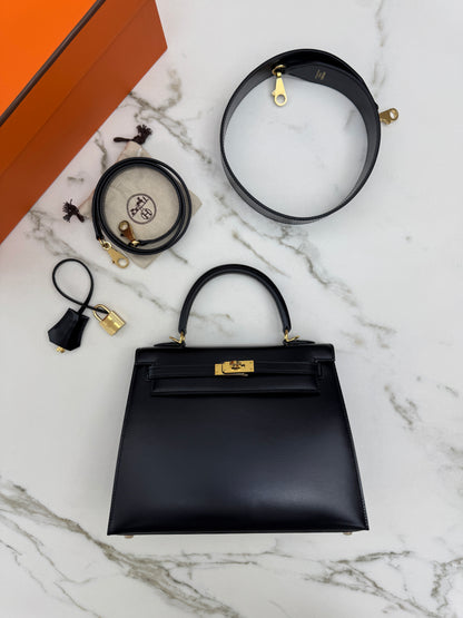 HERMES Kelly 25 黑色外縫金扣 Box Leather Sellier Noir GHW