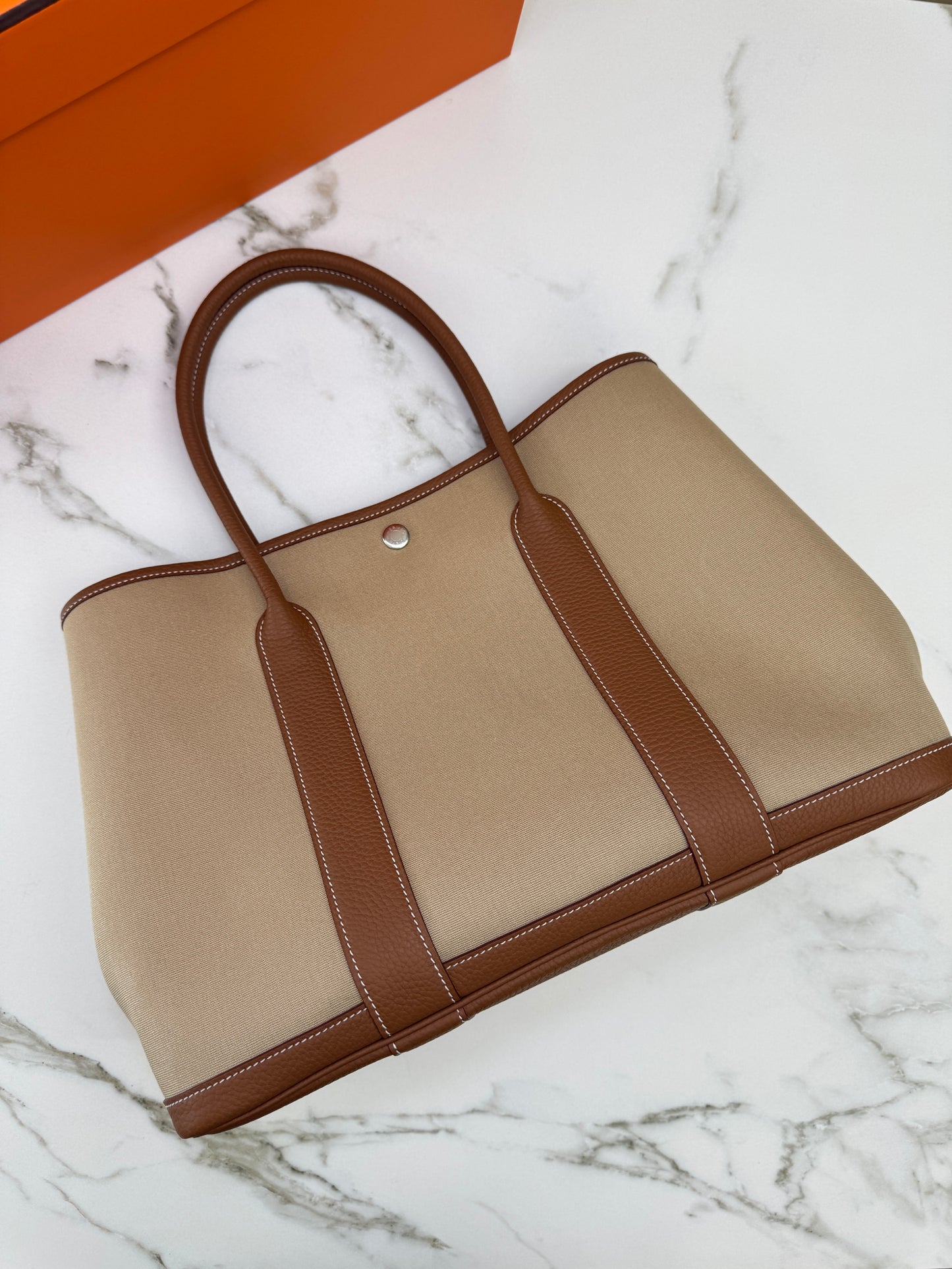 HERMES Garden Party 36 金棕拼風衣灰帆布 Negonda/ Canvas