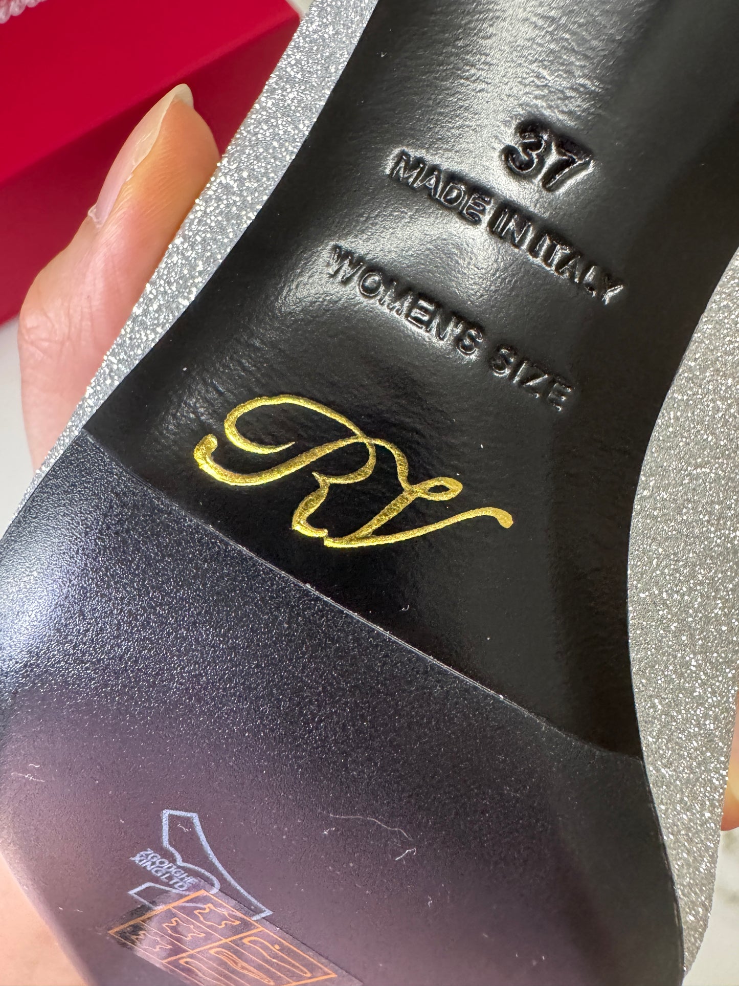 RV 銀色細閃 鑽扣高跟鞋 6cm