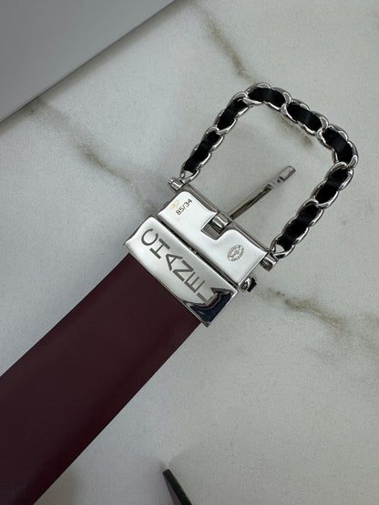CHANEL Belt 雙面皮帶銀扣 酒紅拼黑