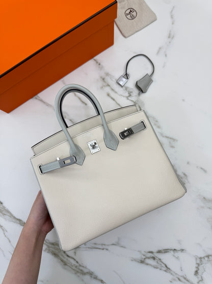 HERMES Birkin 25 SO 奶昔白拼珍珠灰 山羊皮 拉絲銀扣
