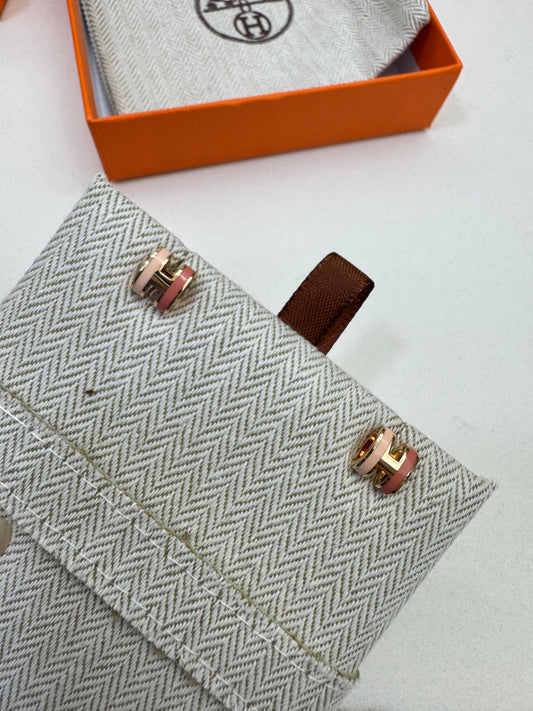 HERMES Mini Pop H 耳釘 淺粉拼粉紅