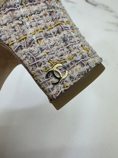 CHANEL 21P 杏色拼米黃紫Tweed Slingback