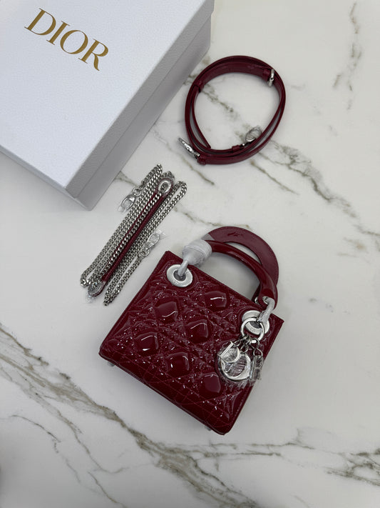 DIOR Mini Lady Dior 漆皮Cherry Red Shinny Calfskin