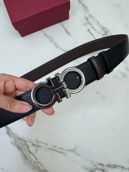 FERRAGAMO 雙面皮帶黑銀扣 黑拼深棕