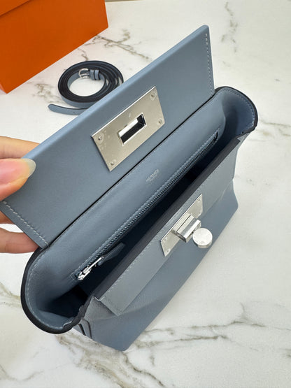 HERMES Mini 2424 亞麻藍銀扣 Evercolor Blue Lin PHW