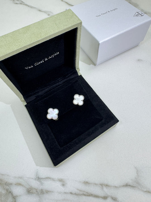 VCA Vintage Alhambra 白貝母白金色耳環