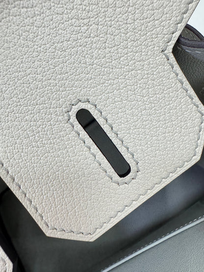 HERMES Birkin 30 SO 珍珠灰拼奶昔白山羊皮 拉絲銀扣 Chevre Mysore Gris Pearl x Craie