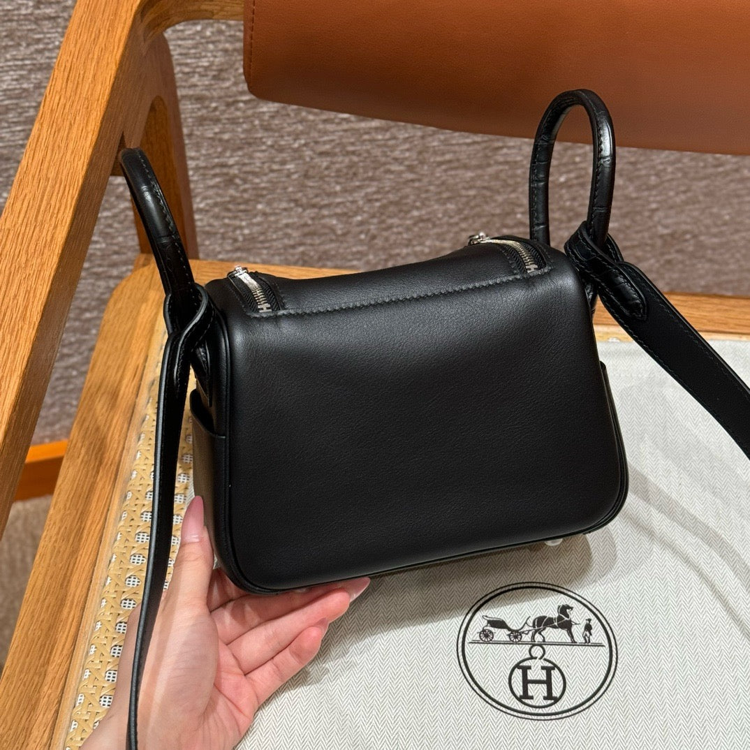 HERMES Mini Lindy Touch 拼鱷魚皮 黑色銀扣 noir
