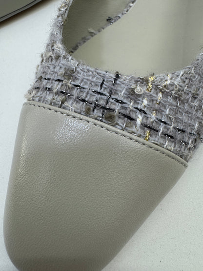 CHANEL 25B 灰白色金絲線Tweed Slingback