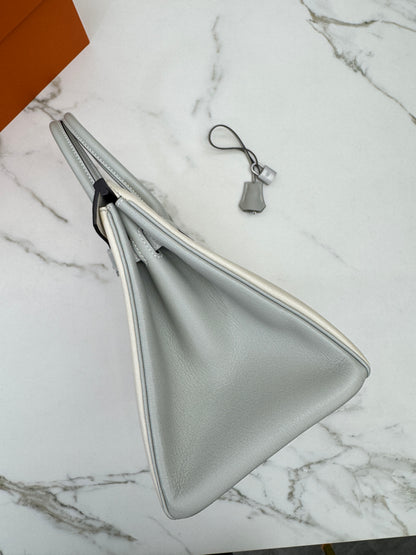 HERMES Birkin 30 SO 珍珠灰拼奶昔白山羊皮 拉絲銀扣 Chevre Mysore Gris Pearl x Craie
