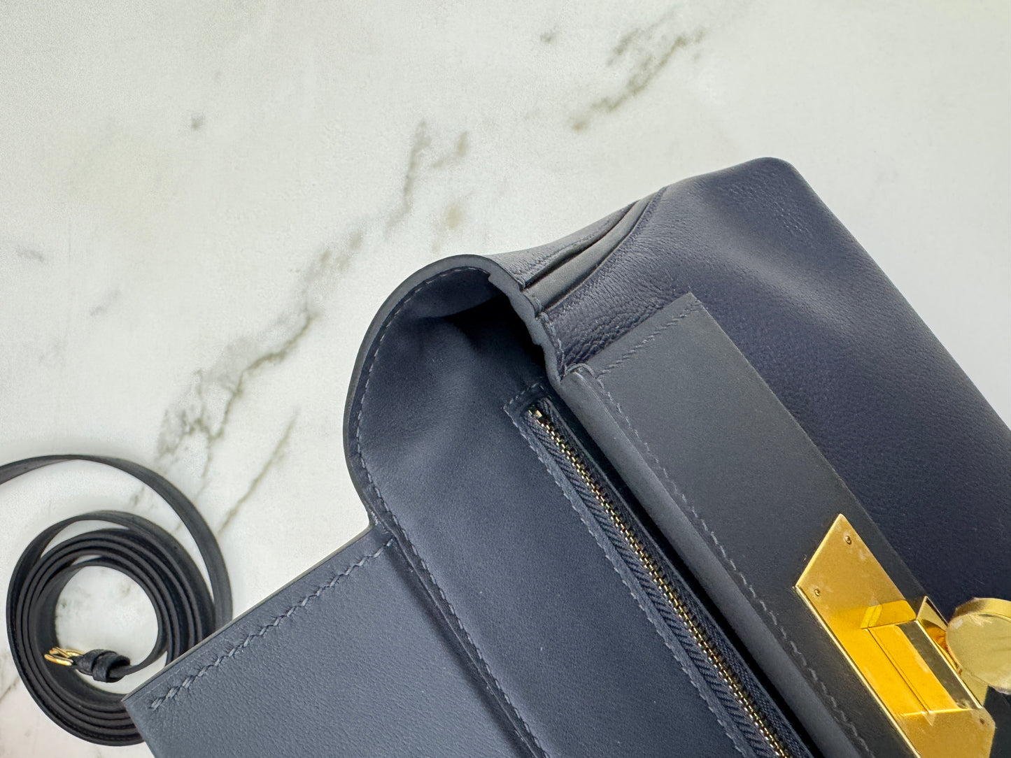 HERMES Mini 2424 午夜藍金扣 Evercolor 2Z Bleu Nuit GHW