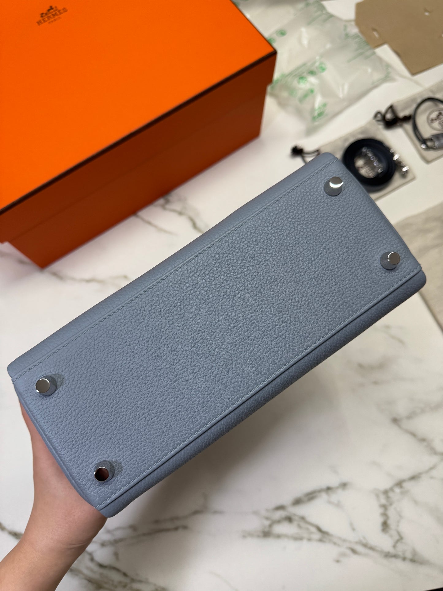 HERMES Kelly 25 亞麻藍 銀扣 內縫 Togo Selier