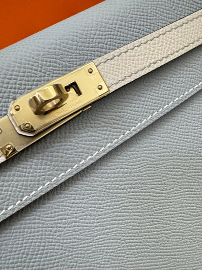 HERMES Kelly 25 冰川藍拼奶昔白 Epsom 香檳金扣 8U Bleu Glacier/ 10 Craie PBHW
